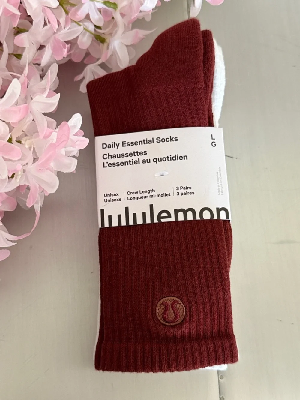 Lululemon Daily Essential Crew Socks 3 Pack L Rockwood‎ White Blissful Pink NWT
